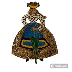 TOPAZIO PORTUGAL BROOCH VINTAGE ENAMEL FILIGREE LADY BRASS BLUE